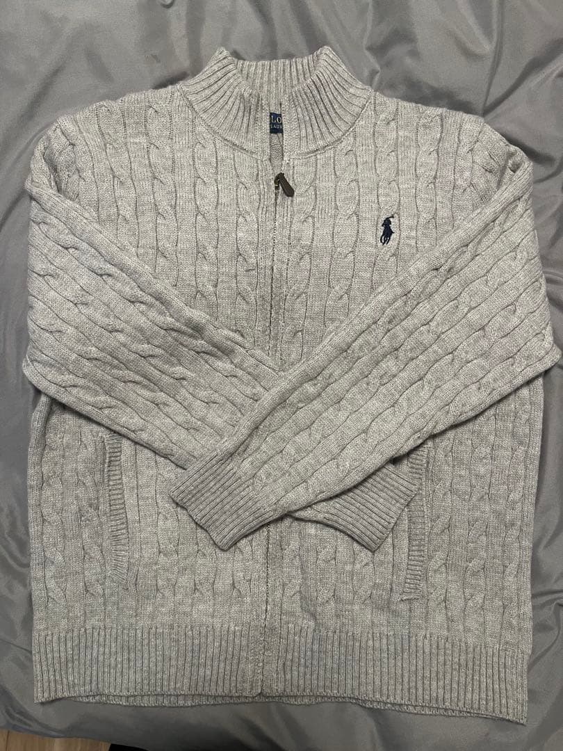 POLO Ralph Lauren グレー ケーブル ジップアップニット M Polo Ralph Lauren Cable-Knit Quarter-Zip Jumper - 841002-GRY