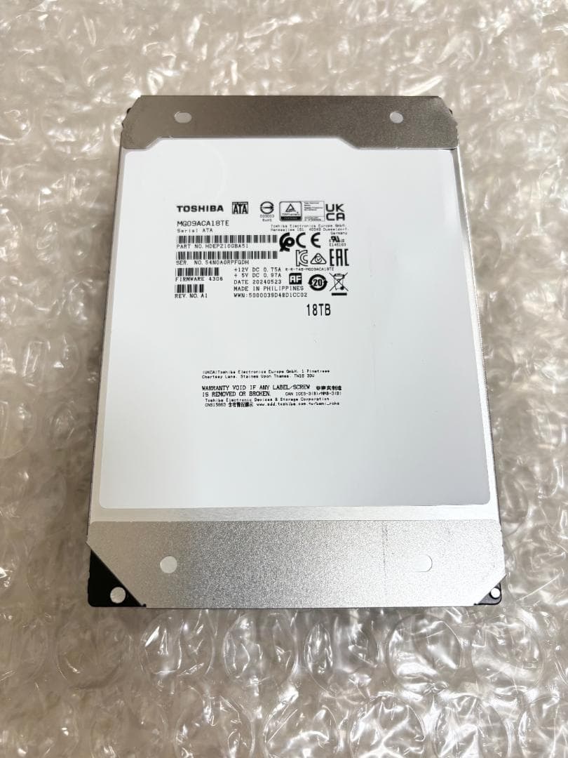 ジャンク品　TOSHIBA 18TB 内蔵型ハードディスクドライブ TOSHIBA（東芝） 東芝製 3.5インチ 内蔵HDD MG09ACA18TE 18TB 7200rpm