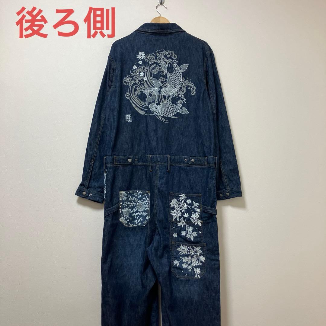タグ付き　絡繰魂　鯉　桜　花　華　コイ　デニム　オールインワン　つなぎ　刺繍 絡繰魂[からくりだましい] 桜鯉刺繍 レイヤード 和柄ロングTシャツ