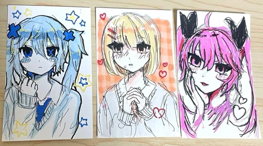 オリジナルイラスト 萌え絵 手描きイラスト チェキ風 3枚 - メルカリ