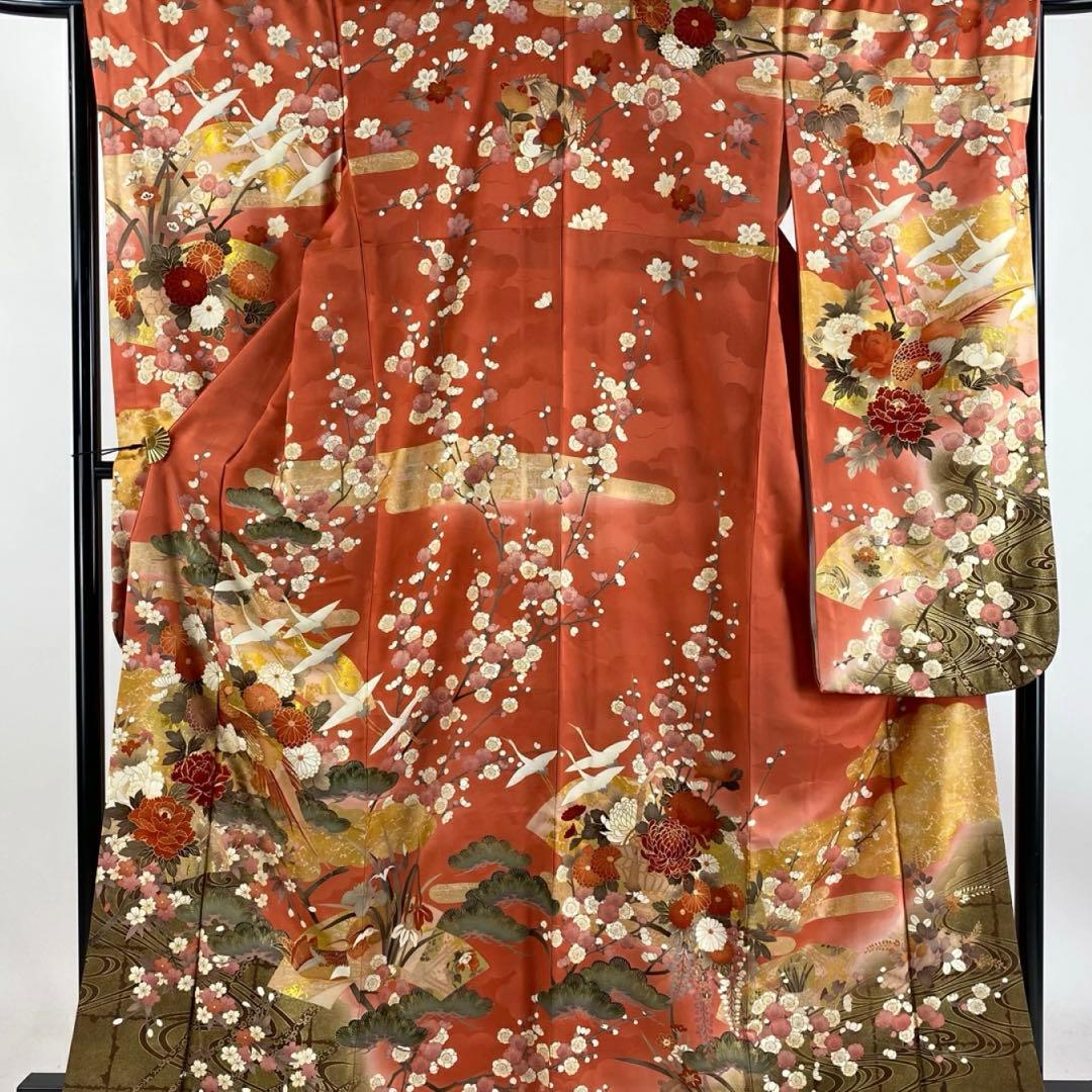 な*お様 振袖 振袖フルセット 着物 鶴模様 竹松 金彩 朱色 金糸