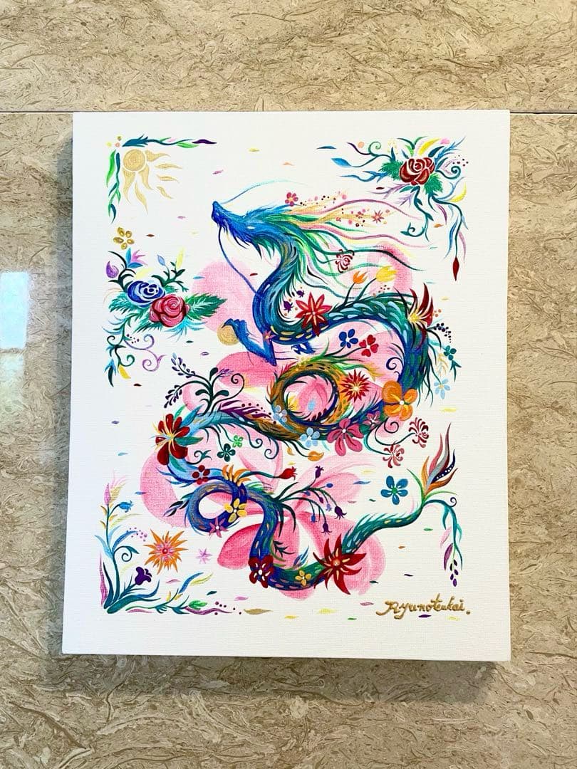 幻の花龍 ③ アクリル画 開運絵画 龍神 龍ノツカイ 龍神 花 青い鳥 ／絵画【 運気が上がる絵 北欧 】 龍 ドラゴン 竜