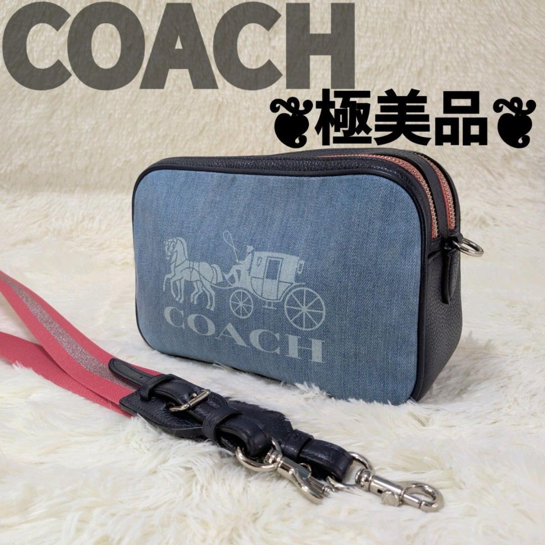 極美品　COACH 　デニム　ショルダーバッグ　カメラバッグ ネイビー レザー 中古・古着通販】COACH (コーチ) シグネチャー ミニカメラ デニム