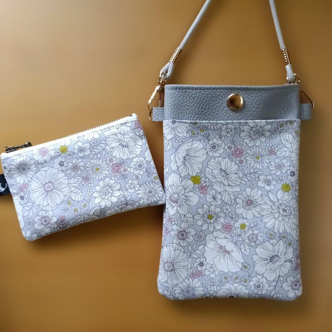 花柄グレー合成皮革スマホショルダーバッグポーチ2点セット