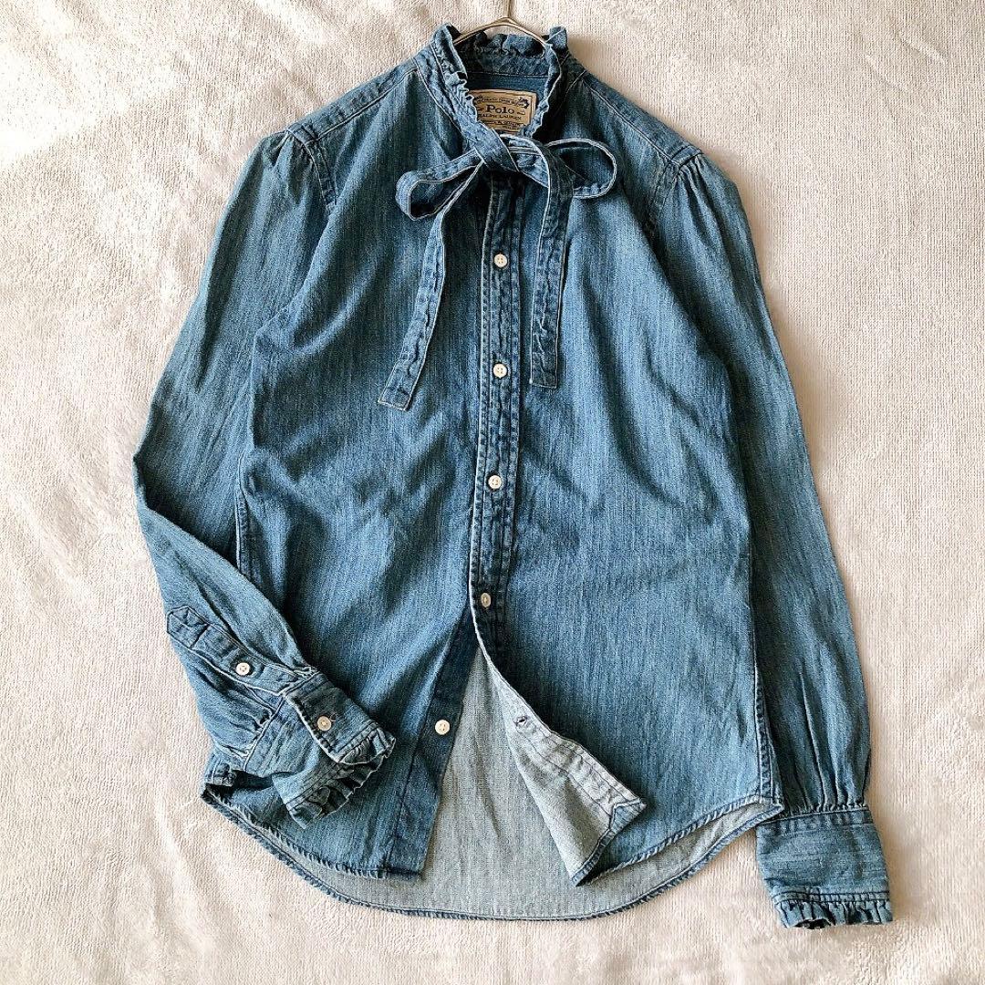 【希少サイズ】Polo Ralph Lauren デニムシャツ ボウタイ 希少 ポロラルフローレン ボウタイ リボン デニムシャツ XL 10 175