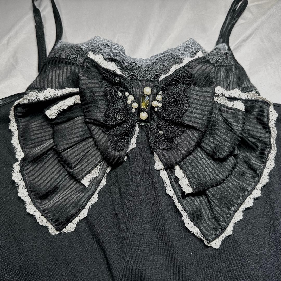 axes femmeリボン付き黒プリーツキャミソール レーシービッグリボンキャミ【期間限定価格】 | axes femme online shop