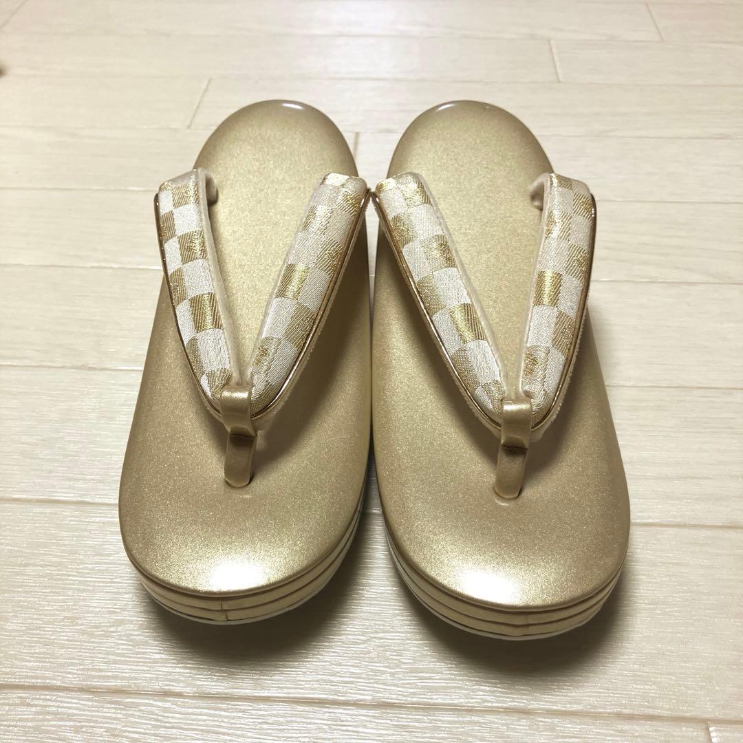 《未使用》草履バッグセット　市松模様　ゴールド