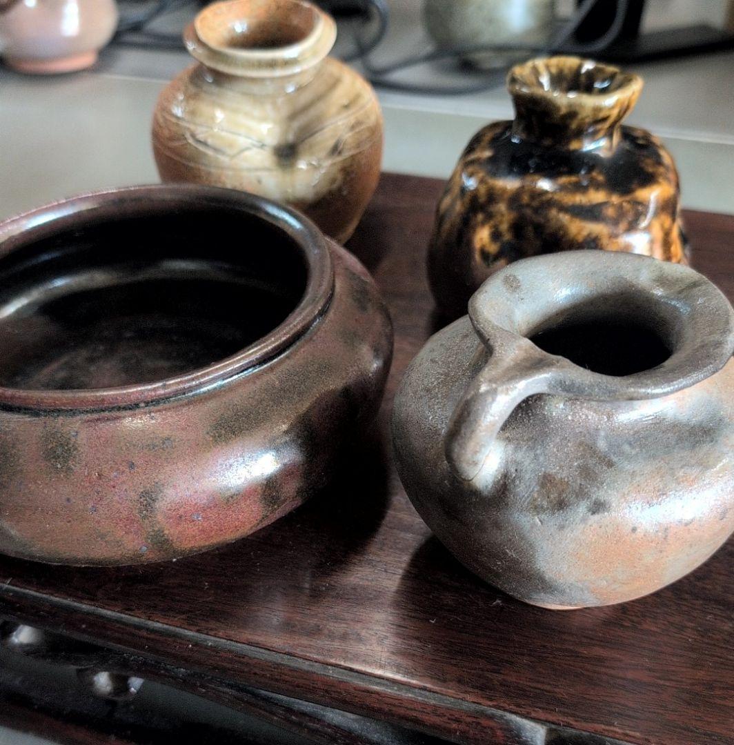 作家銘あり 花器 花瓶 4点セット 備前焼風 壺 一輪挿し 陶器 インテリア 作家銘あり 花器 花瓶 4点セット 備前焼風 壺 一輪挿し 陶器