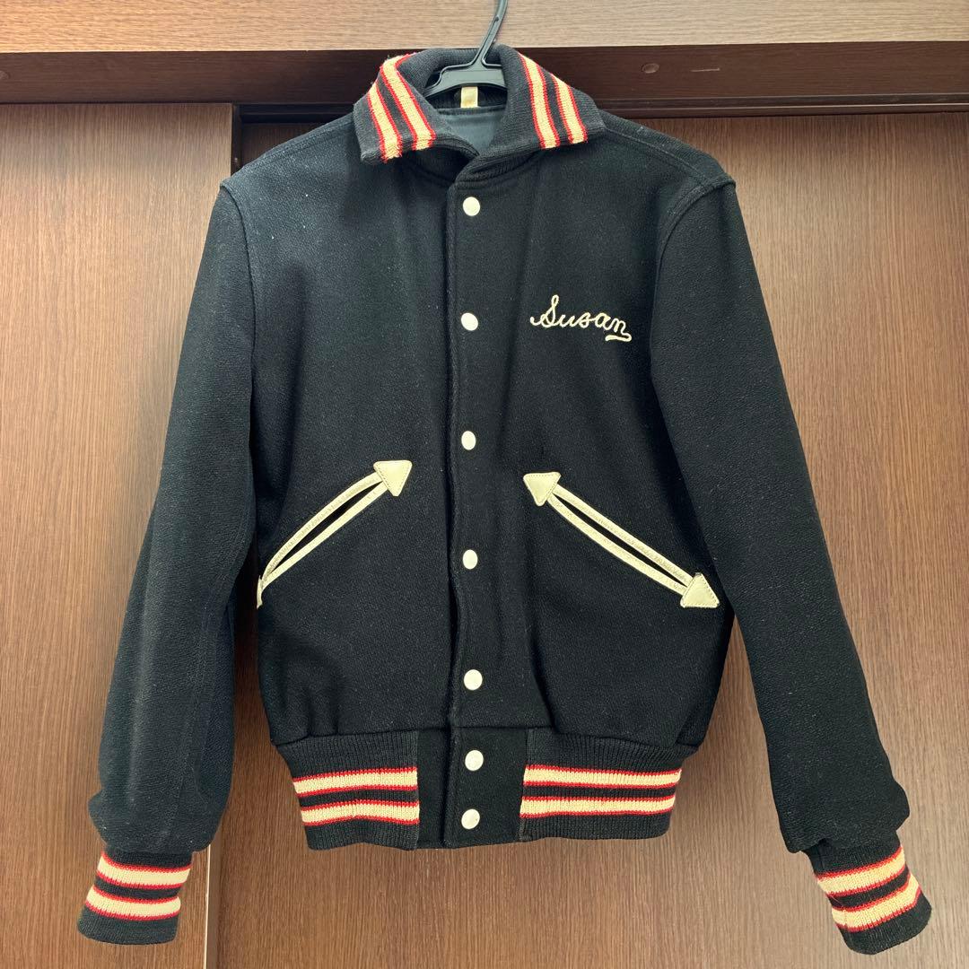 60-70s BUTWIN スタジャンFLEETWOOD '72 黒 カークラブ 60s BUTWINバトウィン パッチ付き メルトン ウール 袖革スタジャン 黒